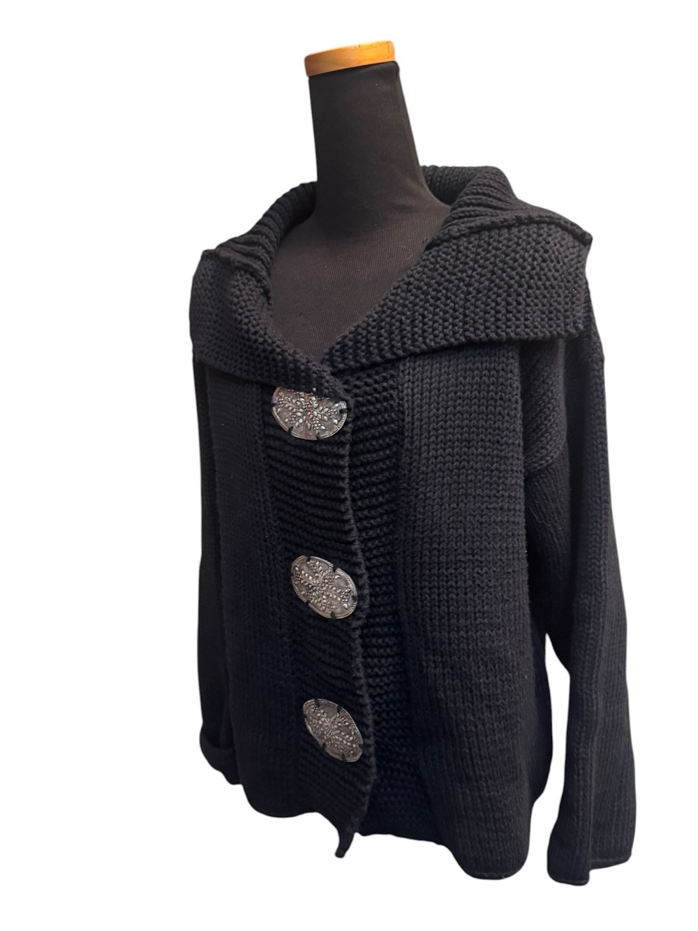 PURE HANDKNIT Cardigan Sweater Chunky Knit Cotton Silver Detail Snaps SZ M/L